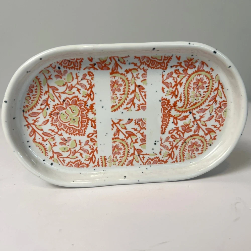 Anthropologie Trinket Dish Orange Monogram H Paisley Floral Tray Boho Beach